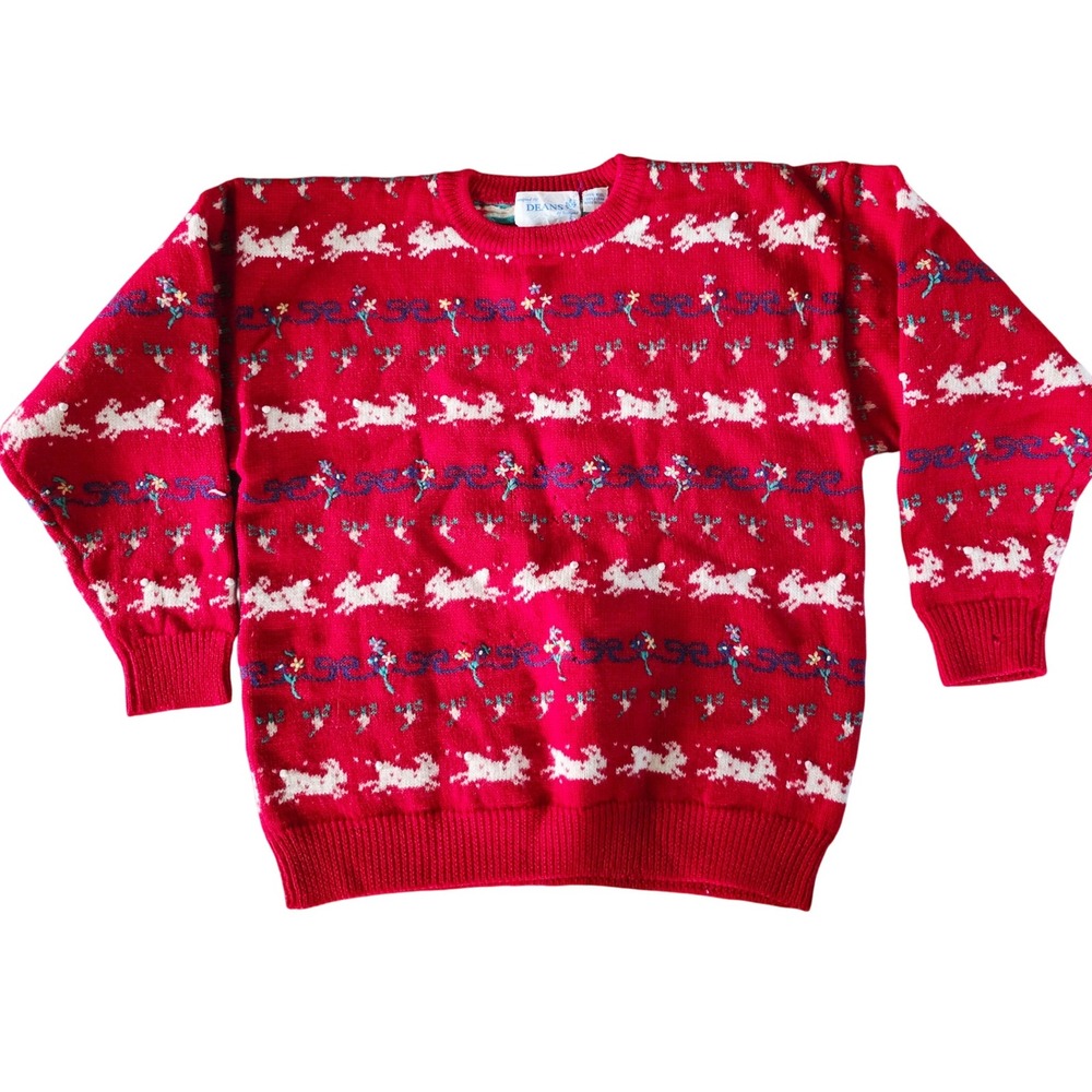 DEANS of Scotland Mens Vtg Red Sweater XL Reindeer‎ 100% Wool *Several Holes!*